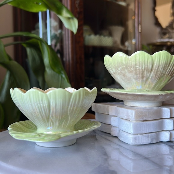 Antique Pair of Royal Winton Lotus Lusterware Bowls Attached Handle Saucer Plate - Picture 6 of 16